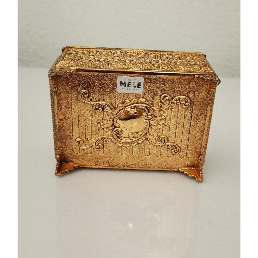 Sankyo MELE Japan Trinket Box Square Shaped w/Green Bakelite Marble Top